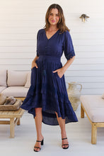Load image into Gallery viewer, Alize Lace Detail Shirred Waist Swiss Dot Navy Midi Dress