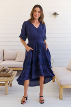 Load image into Gallery viewer, Alize Lace Detail Shirred Waist Swiss Dot Navy Midi Dress