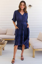 Load image into Gallery viewer, Alize Lace Detail Shirred Waist Swiss Dot Navy Midi Dress