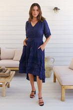 Load image into Gallery viewer, Alize Lace Detail Shirred Waist Swiss Dot Navy Midi Dress
