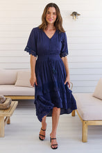 Load image into Gallery viewer, Alize Lace Detail Shirred Waist Swiss Dot Navy Midi Dress