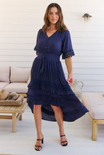 Load image into Gallery viewer, Alize Lace Detail Shirred Waist Swiss Dot Navy Midi Dress
