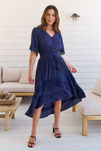 Load image into Gallery viewer, Alize Lace Detail Shirred Waist Swiss Dot Navy Midi Dress
