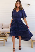 Load image into Gallery viewer, Alize Lace Detail Shirred Waist Swiss Dot Navy Midi Dress