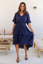 Load image into Gallery viewer, Alize Lace Detail Shirred Waist Swiss Dot Navy Midi Dress