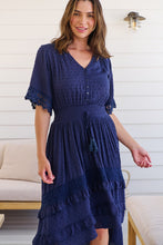 Load image into Gallery viewer, Alize Lace Detail Shirred Waist Swiss Dot Navy Midi Dress