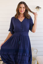 Load image into Gallery viewer, Alize Lace Detail Shirred Waist Swiss Dot Navy Midi Dress