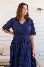 Load image into Gallery viewer, Alize Lace Detail Shirred Waist Swiss Dot Navy Midi Dress
