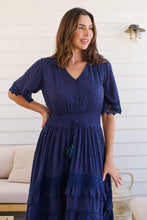 Load image into Gallery viewer, Alize Lace Detail Shirred Waist Swiss Dot Navy Midi Dress