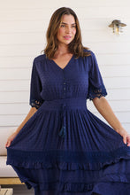 Load image into Gallery viewer, Alize Lace Detail Shirred Waist Swiss Dot Navy Midi Dress
