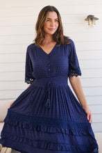 Load image into Gallery viewer, Alize Lace Detail Shirred Waist Swiss Dot Navy Midi Dress