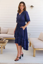 Load image into Gallery viewer, Alize Lace Detail Shirred Waist Swiss Dot Navy Midi Dress