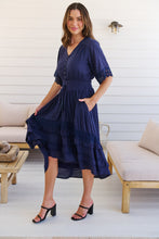Load image into Gallery viewer, Alize Lace Detail Shirred Waist Swiss Dot Navy Midi Dress