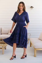 Load image into Gallery viewer, Alize Lace Detail Shirred Waist Swiss Dot Navy Midi Dress