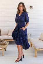 Load image into Gallery viewer, Alize Lace Detail Shirred Waist Swiss Dot Navy Midi Dress