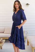 Load image into Gallery viewer, Alize Lace Detail Shirred Waist Swiss Dot Navy Midi Dress