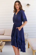 Load image into Gallery viewer, Alize Lace Detail Shirred Waist Swiss Dot Navy Midi Dress