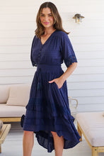 Load image into Gallery viewer, Alize Lace Detail Shirred Waist Swiss Dot Navy Midi Dress