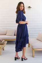 Load image into Gallery viewer, Alize Lace Detail Shirred Waist Swiss Dot Navy Midi Dress