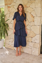 Load image into Gallery viewer, Darline Satin Frill Navy Evening Dress