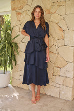 Load image into Gallery viewer, Darline Satin Frill Navy Evening Dress