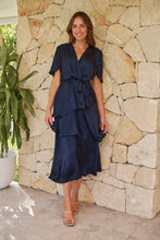 Load image into Gallery viewer, Darline Satin Frill Navy Evening Dress
