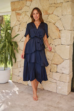 Load image into Gallery viewer, Darline Satin Frill Navy Evening Dress