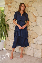 Load image into Gallery viewer, Darline Satin Frill Navy Evening Dress