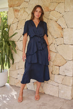 Load image into Gallery viewer, Darline Satin Frill Navy Evening Dress
