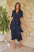 Load image into Gallery viewer, Darline Satin Frill Navy Evening Dress