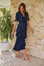 Load image into Gallery viewer, Darline Satin Frill Navy Evening Dress