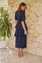 Load image into Gallery viewer, Darline Satin Frill Navy Evening Dress