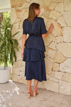 Load image into Gallery viewer, Darline Satin Frill Navy Evening Dress