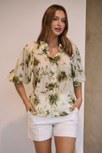 Load image into Gallery viewer, Frida Puff Sleeve Sage/Forrest Green Print Blouse