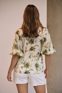 Frida Puff Sleeve Sage/Forrest Green Print Blouse