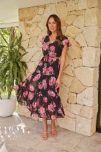 Load image into Gallery viewer, Rosetta Black/Pink Rose Print Chiffon Tiered Midi Evening Dress
