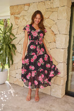 Load image into Gallery viewer, Rosetta Black/Pink Rose Print Chiffon Tiered Midi Evening Dress
