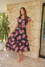 Load image into Gallery viewer, Rosetta Black/Pink Rose Print Chiffon Tiered Midi Evening Dress