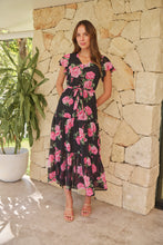 Load image into Gallery viewer, Rosetta Black/Pink Rose Print Chiffon Tiered Midi Evening Dress