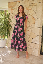 Load image into Gallery viewer, Rosetta Black/Pink Rose Print Chiffon Tiered Midi Evening Dress