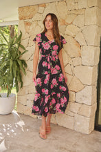 Load image into Gallery viewer, Rosetta Black/Pink Rose Print Chiffon Tiered Midi Evening Dress