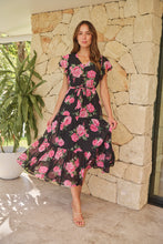 Load image into Gallery viewer, Rosetta Black/Pink Rose Print Chiffon Tiered Midi Evening Dress