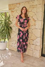 Load image into Gallery viewer, Rosetta Black/Pink Rose Print Chiffon Tiered Midi Evening Dress