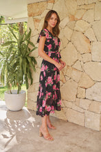 Load image into Gallery viewer, Rosetta Black/Pink Rose Print Chiffon Tiered Midi Evening Dress