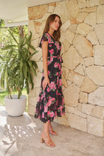 Load image into Gallery viewer, Rosetta Black/Pink Rose Print Chiffon Tiered Midi Evening Dress