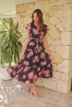 Load image into Gallery viewer, Rosetta Black/Pink Rose Print Chiffon Tiered Midi Evening Dress