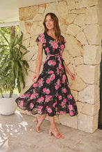 Load image into Gallery viewer, Rosetta Black/Pink Rose Print Chiffon Tiered Midi Evening Dress