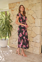 Load image into Gallery viewer, Rosetta Black/Pink Rose Print Chiffon Tiered Midi Evening Dress