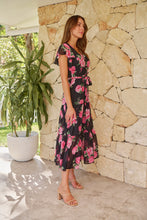 Load image into Gallery viewer, Rosetta Black/Pink Rose Print Chiffon Tiered Midi Evening Dress