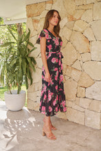 Load image into Gallery viewer, Rosetta Black/Pink Rose Print Chiffon Tiered Midi Evening Dress